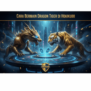 Banner Hokiku88 untuk artikel cara bermain Dragon Tiger dengan visual naga dan harimau di meja kasino