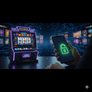 Mesin slot futuristik dengan smartphone menampilkan akses aman melalui link alternatif.