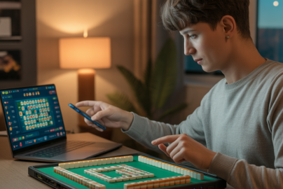 Pemain bermain Mahjong online di laptop dengan smartphone di samping, menikmati pengalaman game digital interaktif dan modern