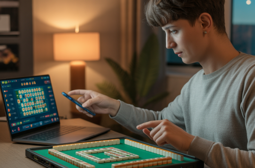 Pemain bermain Mahjong online di laptop dengan smartphone di samping, menikmati pengalaman game digital interaktif dan modern