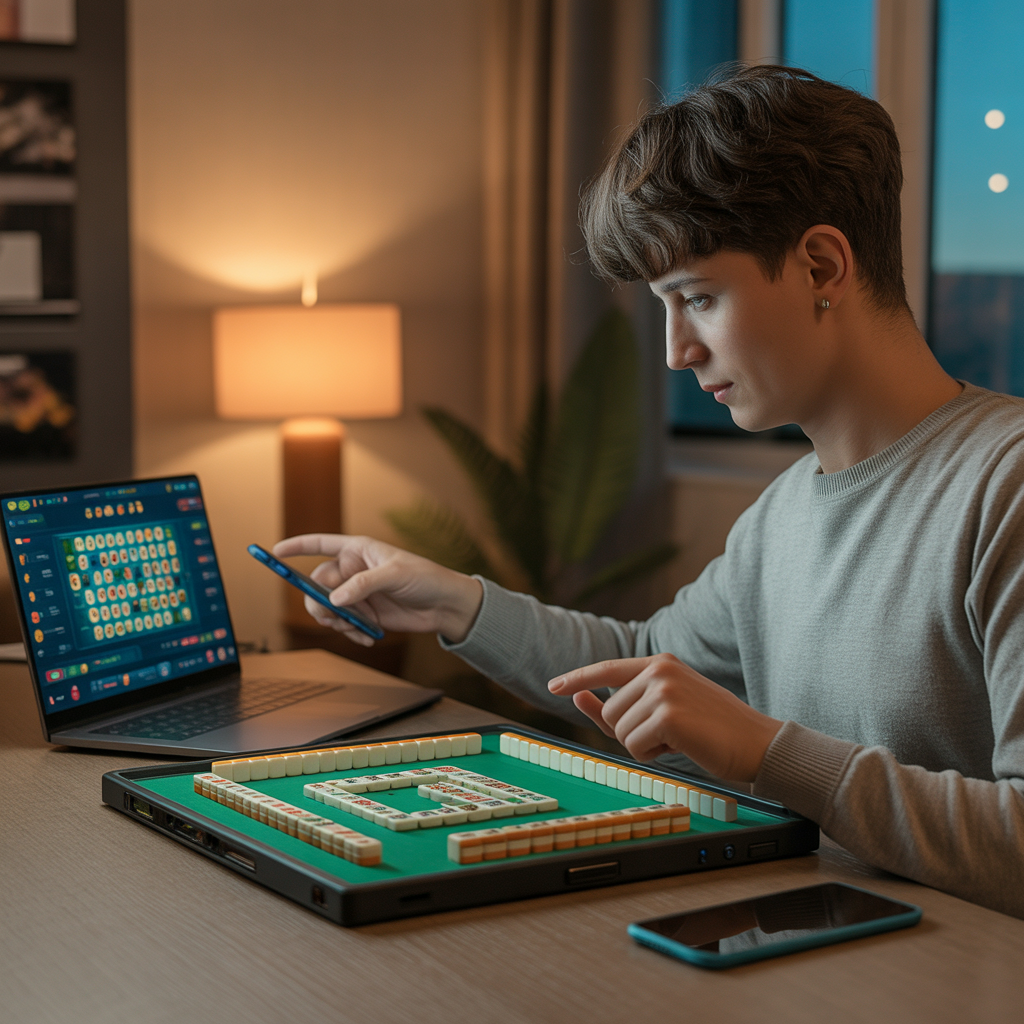 Pemain bermain Mahjong online di laptop dengan smartphone di samping, menikmati pengalaman game digital interaktif dan modern