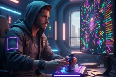 Gamer fokus bermain shoot ‘em up di Hokijoss dengan peluru neon, leaderboard global, dan aksi intens.