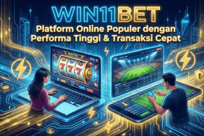 Ilustrasi WIN11BET platform online terpercaya di Indonesia dengan taruhan olahraga, slot interaktif, dan transaksi cepat di laptop dan smartphone