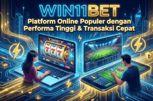 Ilustrasi WIN11BET platform online terpercaya di Indonesia dengan taruhan olahraga, slot interaktif, dan transaksi cepat di laptop dan smartphone